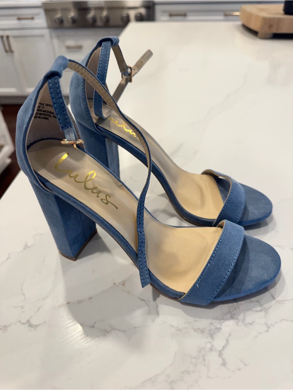 Lulu's Dusty Blue Suede Block Heel Ankle Strap Sandals
